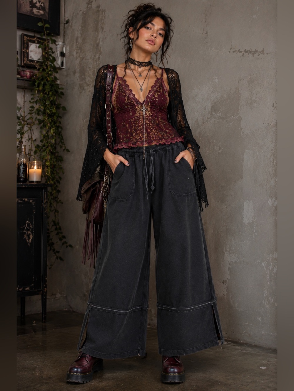 Easel black terry knit palazzo pants mineral wash